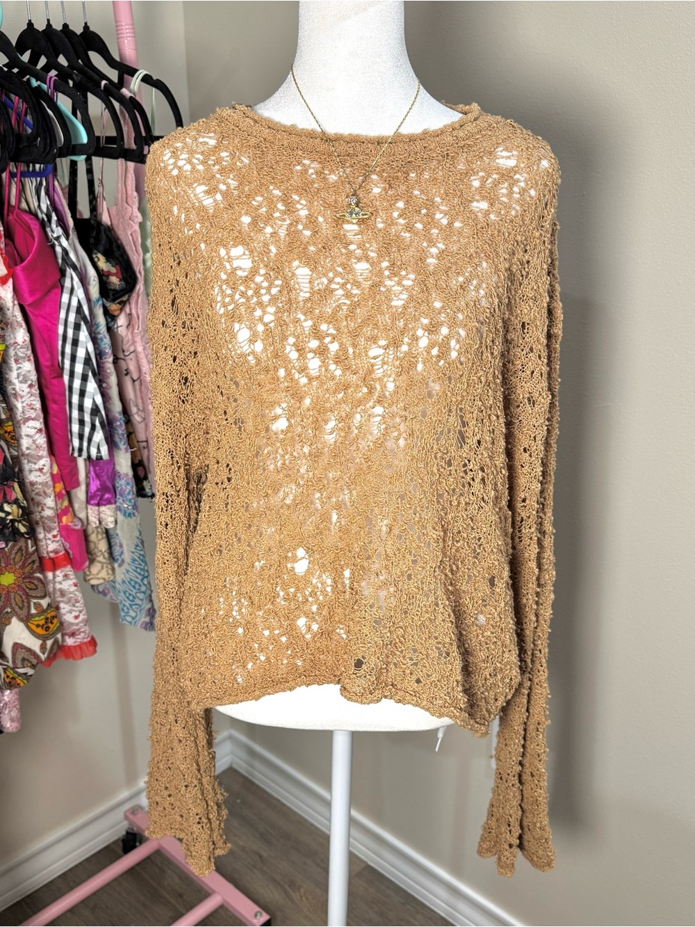 Zara Lightweight Crochet Knit Tan Women's Medium Modern Capsule Wardrobe Sweater